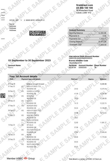 First Direct bank statement templateTo order a replica First Direct bank statement online, follow our easy steps: Order: Click the Order Now button below. Here you can choose how many pages your statement will include Pay: We will do our best to review the order and make sure that all the necessary information has been entered. You will receive an email with payment instructions. Upon request, we can email you a sample of a previous order before payment. Get a digital copy: Documents are usually completed the following day. After the document is complete you will be emailed a PDF copy. Review: You may check the PDF copy and request a list of changes. Once the changes have been completed, you will receive an updated PDF copy until you are happy with the final result.