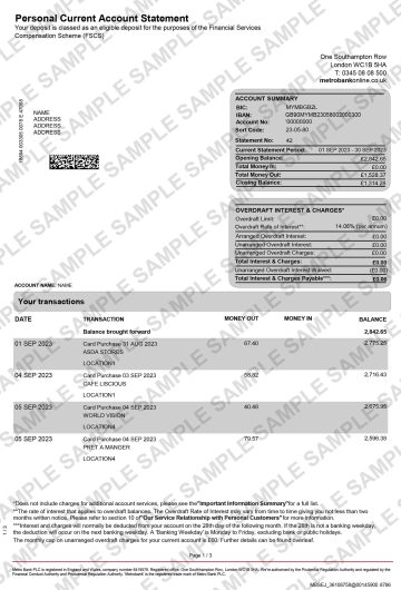 Metro bank statement template