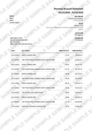 Monzo bank statement template