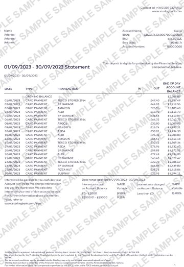 Starling Bank Statement template