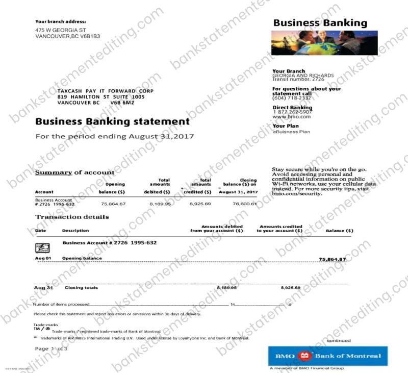 Bank of Montreal Bank Statement Template