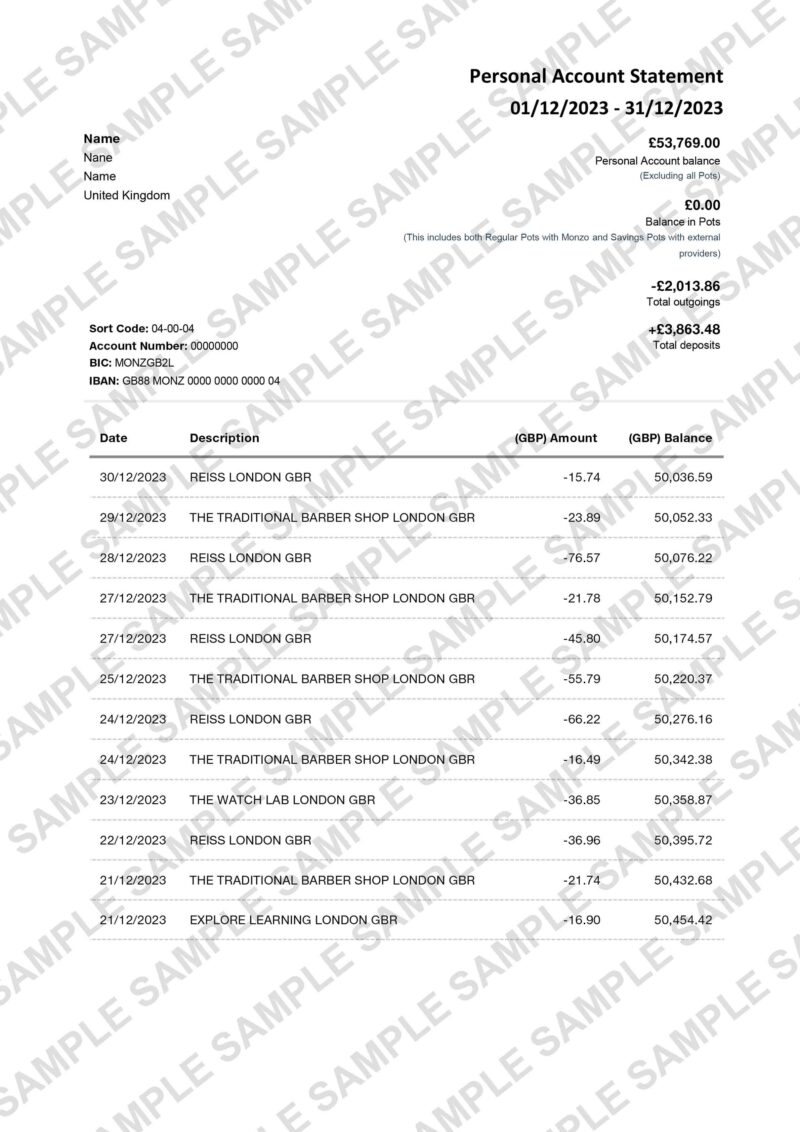 Fake Monzo Bank Statement