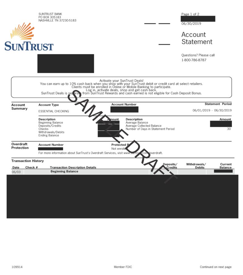 Fake SUNTRUST Bank Statement