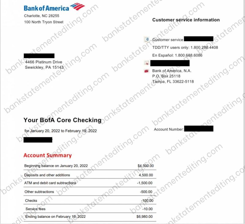 Bank of America Bank Statement Template